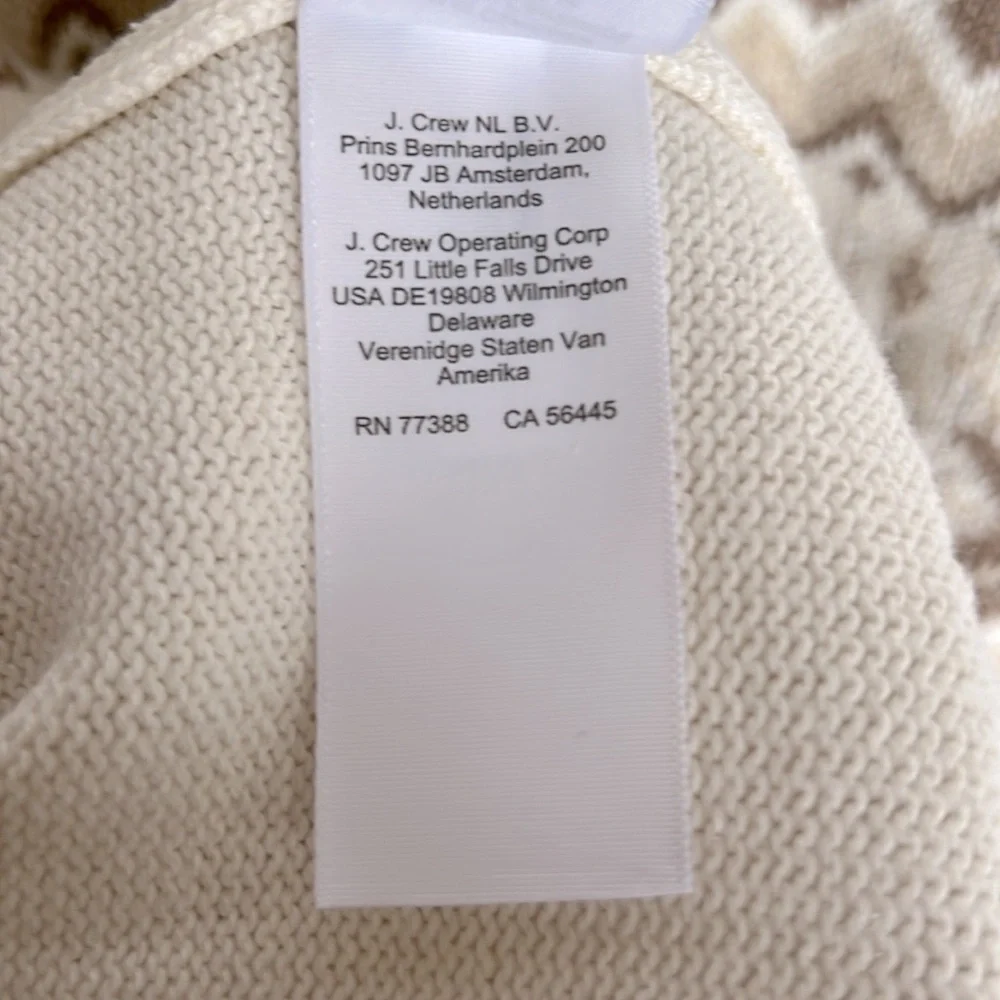 J. Crew 100% Cotton Fair Isle Ivory Brown Crewneck Sweater Puff Slv Sz M SOOL